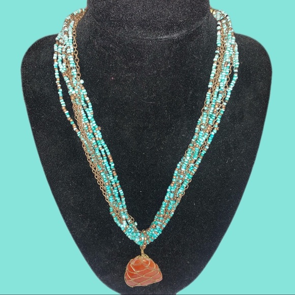 Vintage Multi-Strand Turquoise and Semiprecious Stone Pendant Necklace - Picture 2 of 6